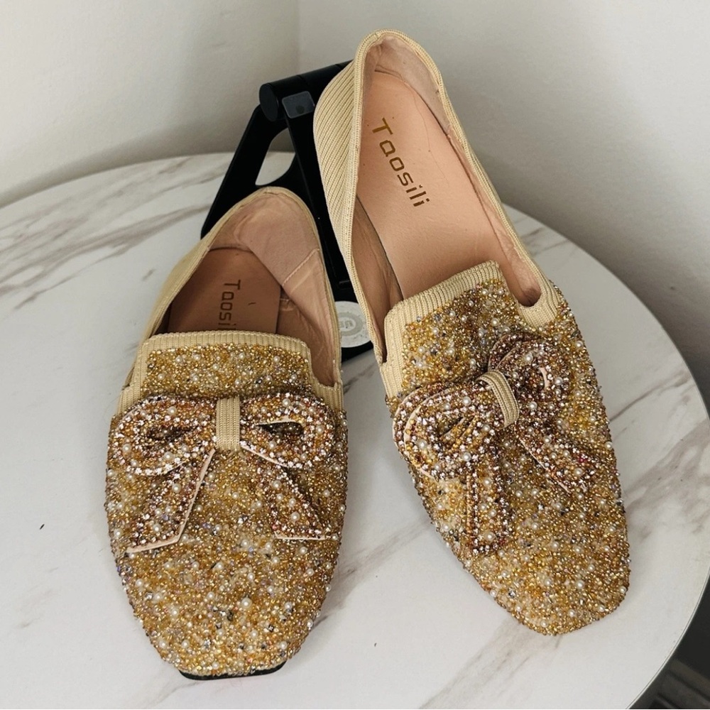 Taosili Gold Rhinestone Beaded Bow Flats Women’s Size 8.5